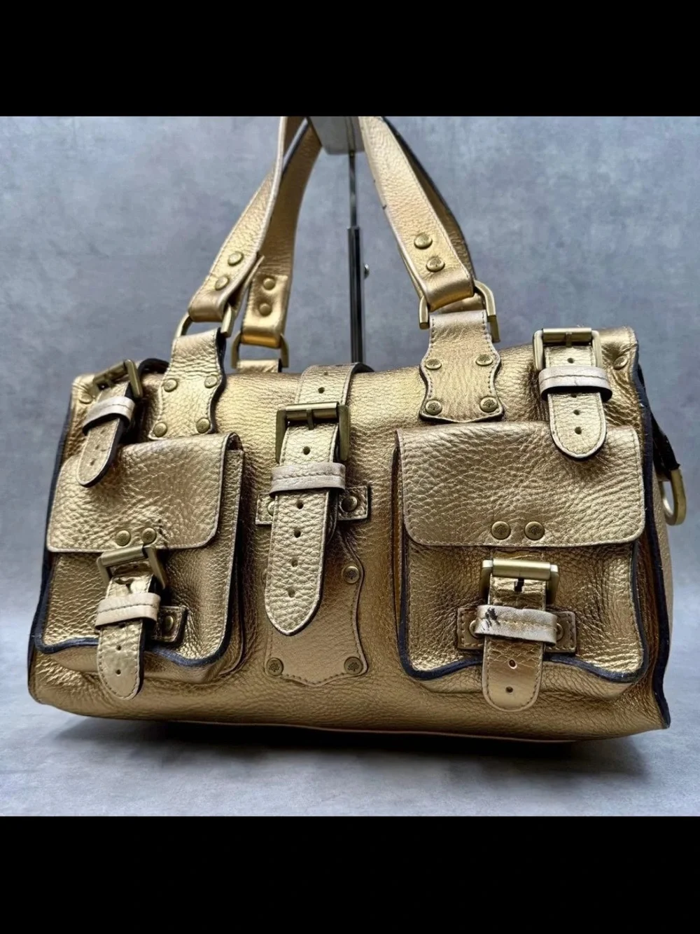 Mulberry Metallic Gold Leather Satchel with Buckle Pockets